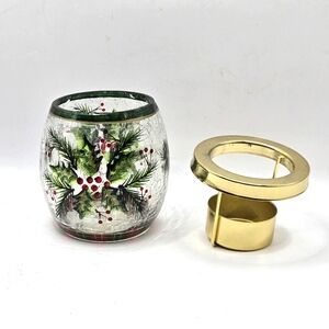 YANKEE CANDLE Crackle Glass TEALIGHT CANDLE HOLDER Christmas Holey Berry Pine